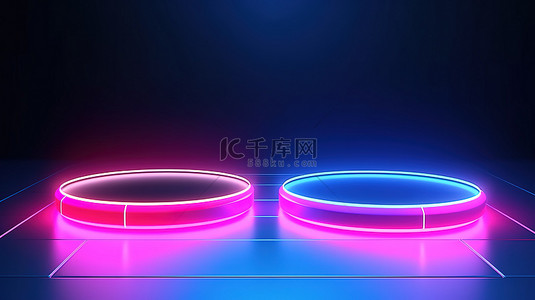 紫色双展台背景图片_圆形显示屏上的双全息讲台栏，带有粉色和蓝色灯 3D 渲染