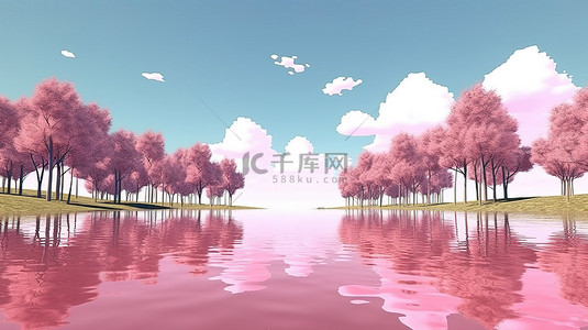 和平的家园背景图片_夏季风景 3D 渲染，粉红色的树木和郁郁葱葱的绿草反射在宁静的湖中