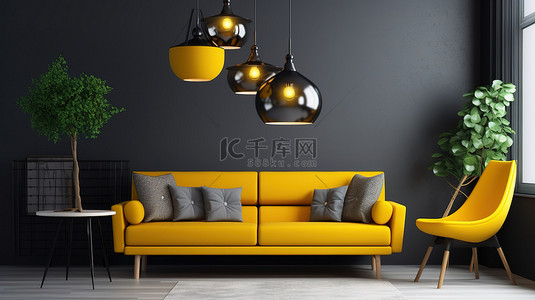 3D 渲染客厅中的现代黄色家具与灰色墙壁相映成趣
