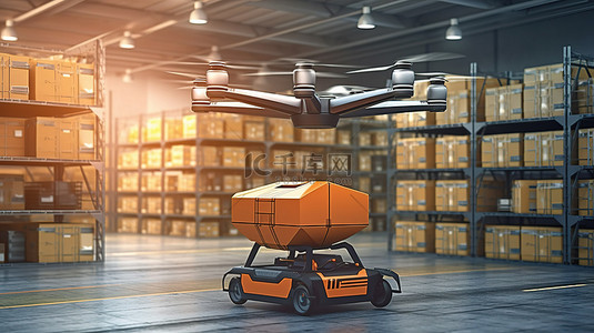仓库中运行的送货无人机和自动车辆的 3D 插图