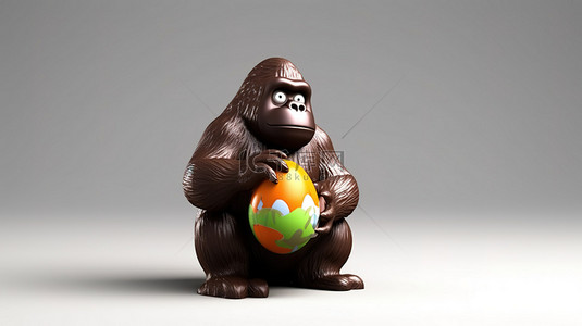 搞笑的 3D 大猩猩人物拿着复活节巧克力惊喜
