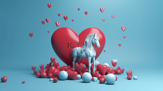 极简主义情人节设计可爱的独角兽红心和爱情符号在蓝色背景上以 3D 渲染