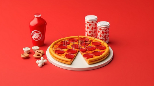 红色汉堡背景图片_小型快餐菜肴完整的披萨和切片披萨，采用扁平红色单色 3d 图标