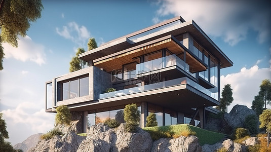 山上的现代别墅 3D 建筑渲染其外部和内部