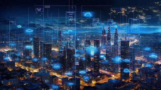 利用人工智能大数据和物联网技术对尖端数字城市天际线进行3D渲染