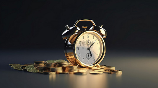 报税时间提醒 3D 渲染闹钟，带有硬币省钱截止日期概念