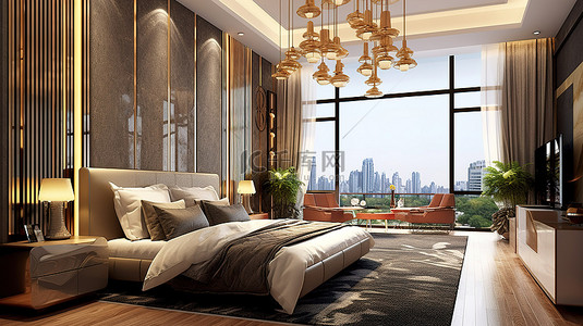 具有亚洲影响的当代卧室 豪华单间公寓的 3D 图像，配有时尚的床和金青铜吊灯
