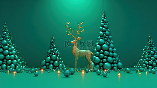 绿色圣诞背景下喜庆鹿的 3d 渲染