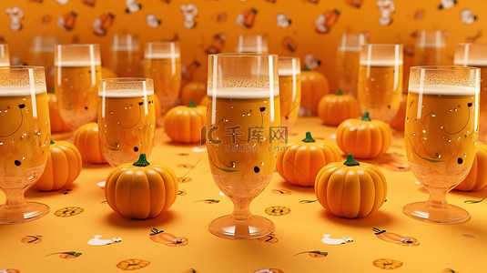 酒广告背景背景图片_米色背景玻璃杯中的秋季喜悦南瓜图案饮料非常适合销售和假日广告 3D 渲染