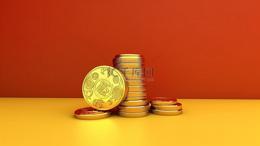 黄色背景上元日元符号的 3D 插图，带有金币和充足的文本空间