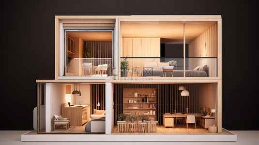 在质朴的木质表面上以 3D 形式描绘的公寓横截面
