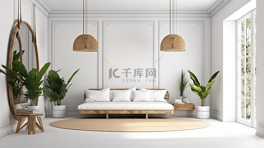 张家界旅游背景背景图片_现代热带客厅，配有简约的白色墙壁和豪华的三张沙发床 3D 渲染和插图