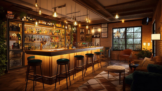 儒学桌椅背景图片_用 3d 创建的现代酒吧或酒馆室内装饰
