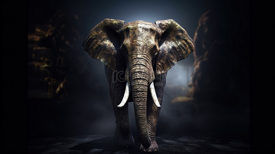 黑暗背景下巨大大象的 3D 渲染