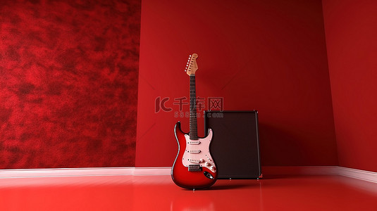 音乐氛围 3D 渲染吉他与音响系统在充满活力的空房间