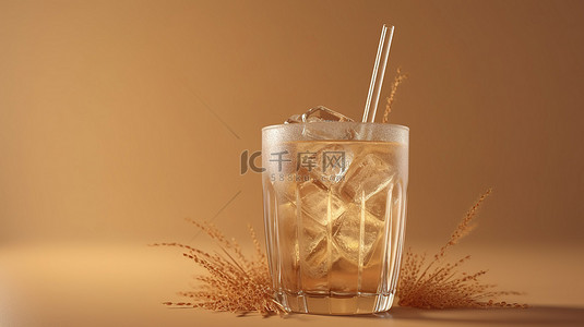 在数字创建的中性背景下，在玻璃杯中加入冰块和吸管的清凉饮料
