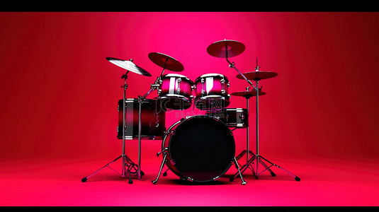 摇滚乐器背景图片_时尚黑色鼓套件的 3D 渲染，在专业摇滚环境中以充满活力的红色洋红色背景为背景