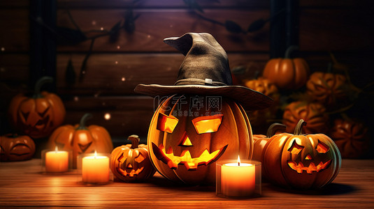恐怖蜡烛背景图片_万圣节 3D 描绘，展示了杰克灯笼女巫的帽子和闪烁的蜡烛