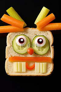 水果萝卜背景图片_三明治形状为一张脸，上面有胡萝卜橙子萝卜和桃子