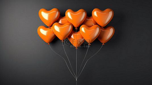 情人节橙色背景图片_华丽的橙色心形气球簇，靠在光滑的黑色墙壁上，以 3D 插图呈现