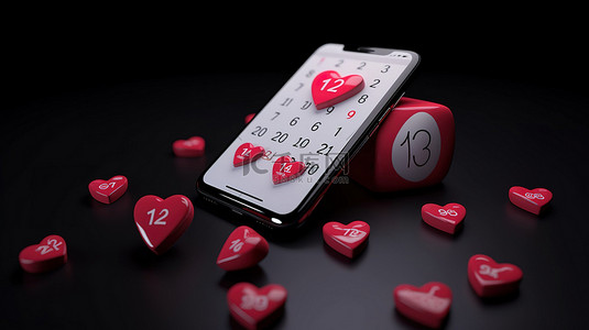 数字情人节背景 3D 渲染智能手机日历与心和爱图释