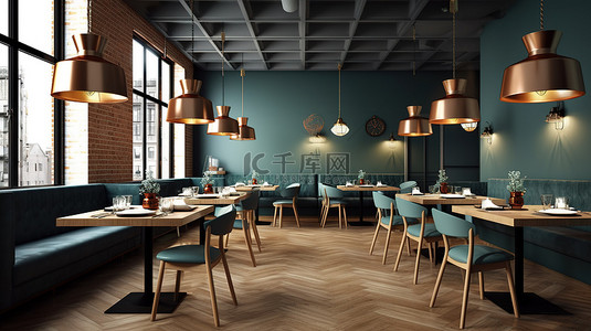 餐饮logo、背景图片_别致的餐饮目的地现代当代室内设计舒适的餐厅 3D 渲染