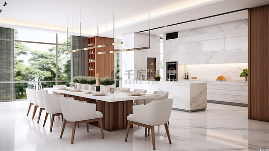 现代精致背景图片_现代精致的餐厅和厨房区采用白色大理石和木质装饰，令人惊叹的 3D 渲染
