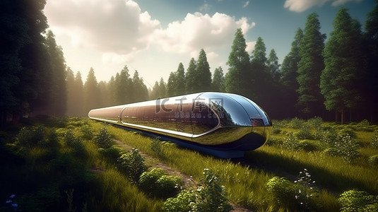 交通的未来在早晨的自然环境中探索超级高铁概念 3D 渲染