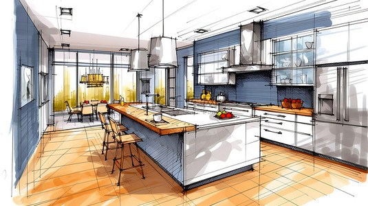 豪华家具和器皿的现代厨房设计 3D 渲染