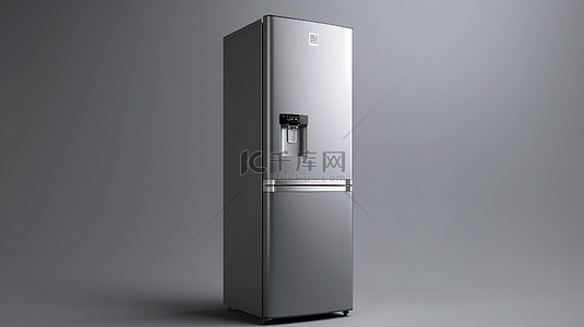 灰色背景模型布局横幅 3D 渲染上的时尚不锈钢冰箱和冰柜