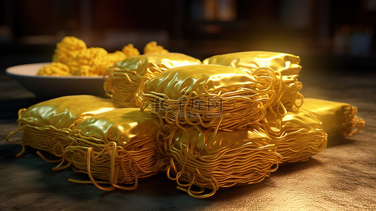 金棕色背景图片_金包面条的 3D 渲染