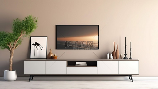简约客厅中的现代电视控制台，带有 3D 渲染的开放式白色门