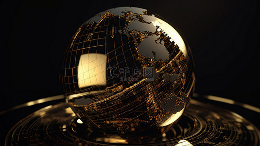 插画行星背景图片_豪华3d插画金色黑色和玻璃半球作为行星旋转