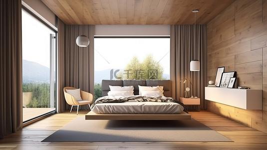 现代卧室室内设计与自然日光 3D 渲染