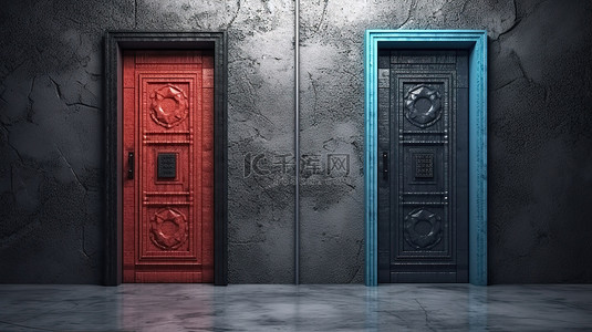 未来概念黑色水泥墙，带有 3D 渲染的蓝色和红色门，提供两种选择