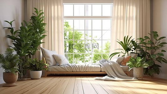 阳光明媚的客厅配有绿色沙发木地板盆栽植物和大窗户 3D 渲染