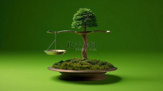 金钱银行背景图片_金钱和自然之间的平衡 3D 渲染的硬币和树的比例