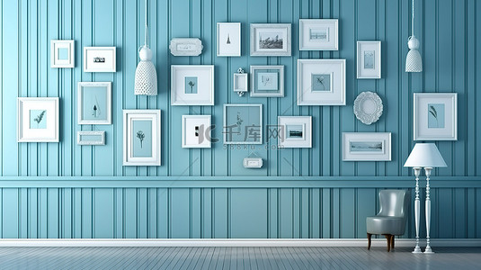 书影样机背景图片_在 3D 渲染中模拟排列在蓝色木墙上的相框