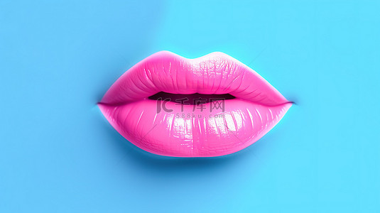粉红色背景，双色调风格 3D 渲染的亲吻手势，显示女性嘴唇装饰着蓝色口红
