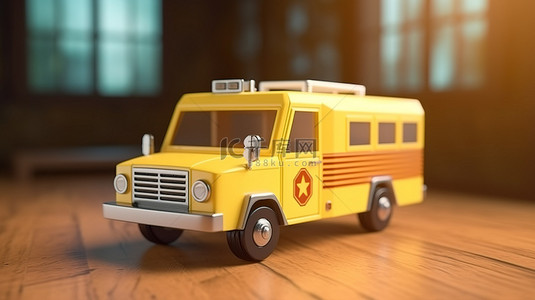 助理背景图片_木质表面上的紧急救护车，用于 3D 渲染中的医疗保健或医疗代表