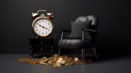 复古黑色闹钟装饰着讲台，金币设置在 3D 渲染中时尚的黑色扶手椅旁边