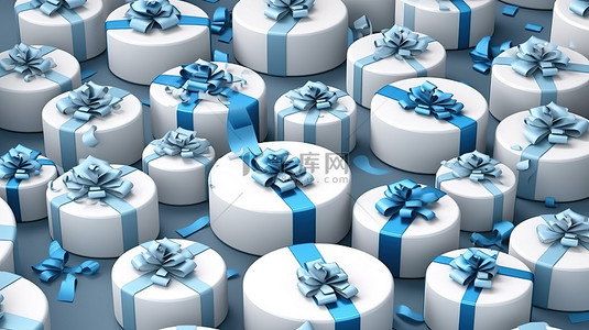 赠送pop背景图片_以圆形图案鸟瞰图排列的蓝带白色礼品盒的 3D 渲染
