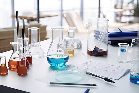 实验室玻璃器皿和试管位于桌面上
