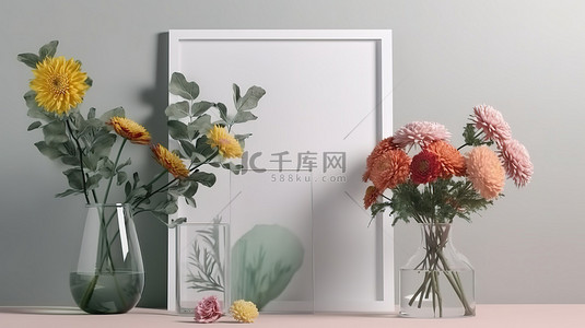 在 3d 渲染相框模型中显示的花瓶