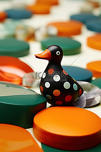一只塑料鸭子坐在一张颜色交替的装饰床上