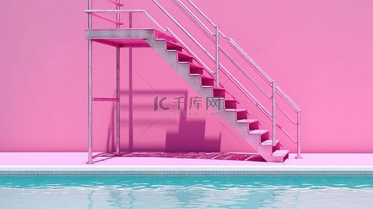粉红色游泳池梯子的双色调风格 3D 渲染