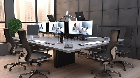 视频闪屏背景图片_使用计算机和视频会议设备渲染桌子的 3D 图像