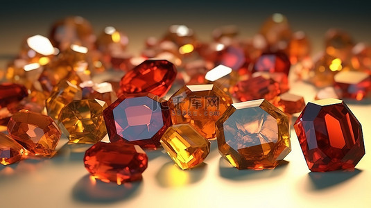 各种形状的金黄榴石彩色宝石的 3D 渲染