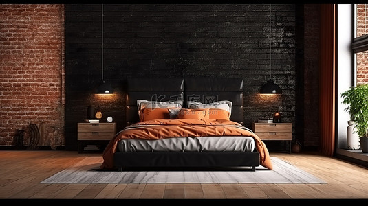 舒适卧室的 3D 渲染，带有醒目的黑砖墙