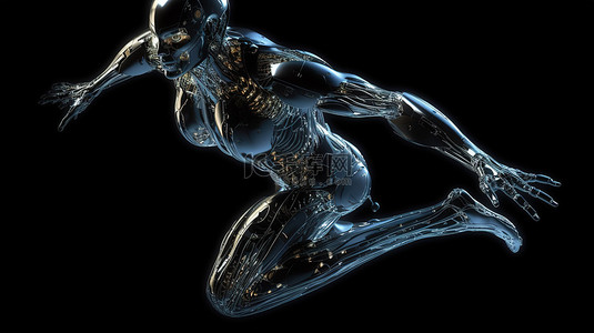 科技跑步背景图片_隔离在黑色 3D 渲染中的女性机器人或机器人在 X 射线运行或跳跃中